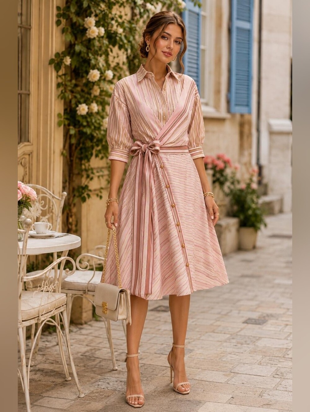 X2 Made In Italy Linen Blend  Pink Striped Wrap Shirt Dress with Tie Waist